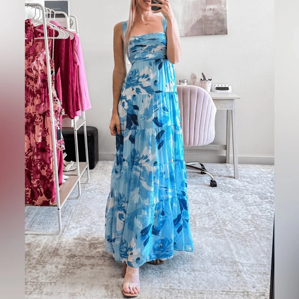 Abercrombie Blue Floral Maxi Dress Tiered Ruched Babydoll XS NWT Summer